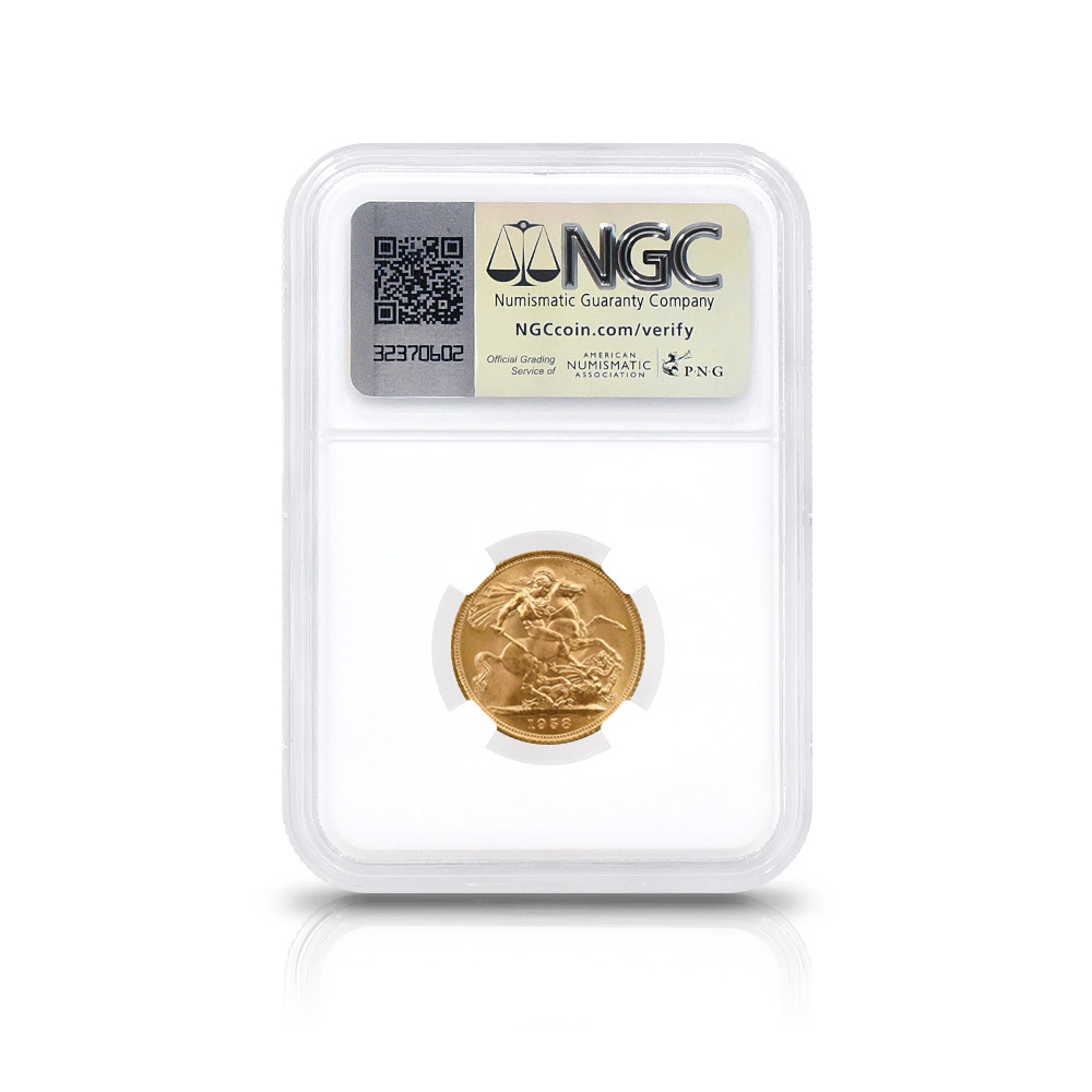 モダンコイン5：4525 1958 エリザベス2世 ヤングヤング 聖ジョージ竜退治 ソブリン金貨 NGC MS65