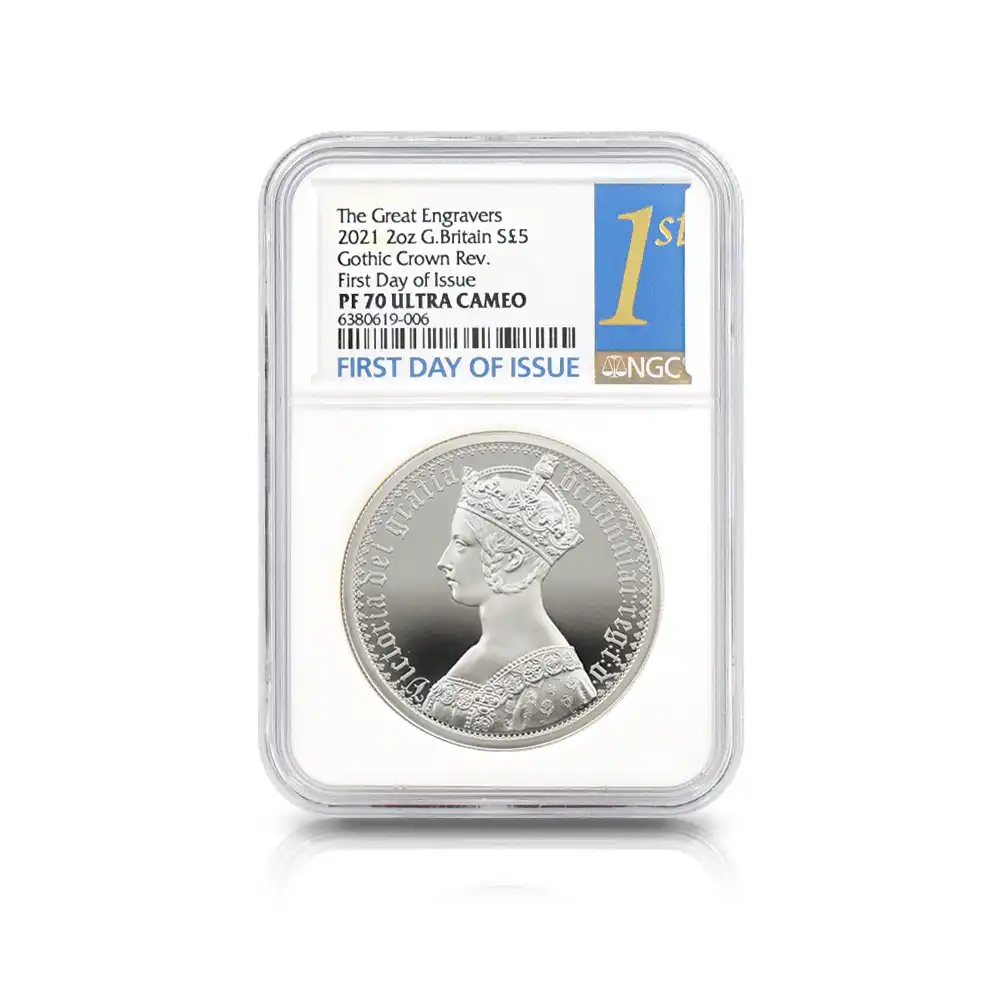 モダンコイン6：5926 2021 エリザベス2世 ゴチッククラウン 5ポンド2オンス銀貨 2枚セット 発行即日鑑定品 NGC PF70UC 箱付き