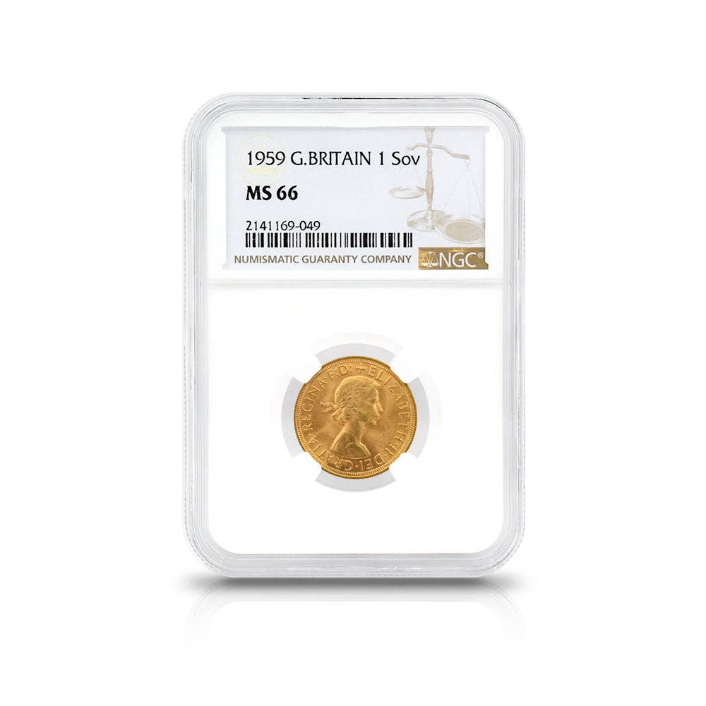 モダンコイン4：4554 1959 エリザベス2世 ヤングヤング 聖ジョージ竜退治 ソブリン 金貨 NGC MS66