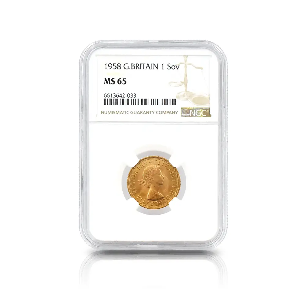 モダンコイン4：4561 1958 エリザベス2世 ヤングヤング 聖ジョージ竜退治 ソブリン金貨 NGC MS65