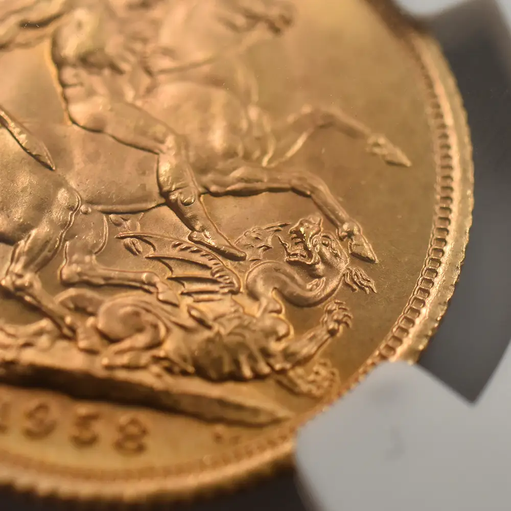モダンコイン12：4561 1958 エリザベス2世 ヤングヤング 聖ジョージ竜退治 ソブリン金貨 NGC MS65