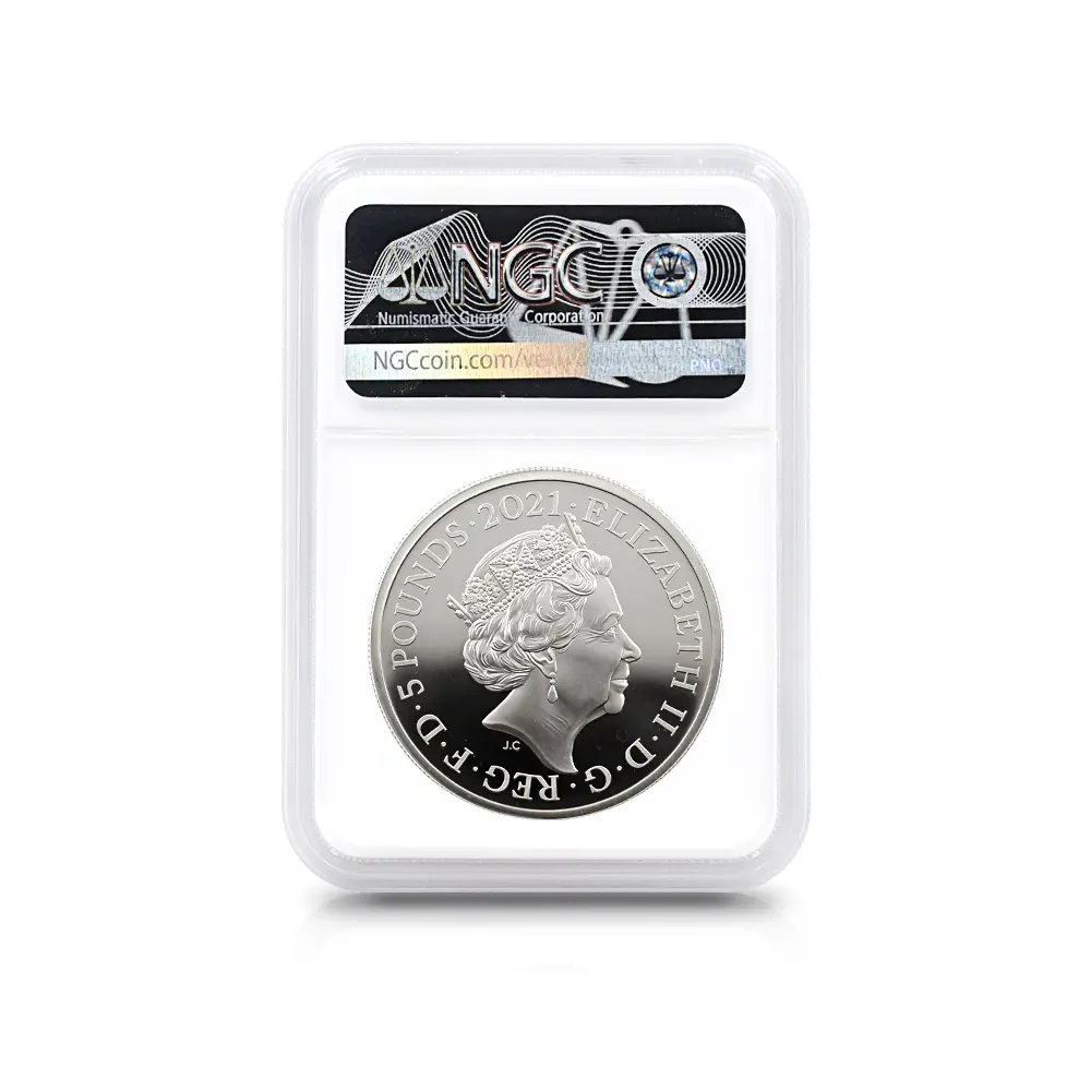 モダンコイン9：5927 2021 エリザベス2世 ゴチッククラウン 5ポンド2オンス銀貨 2枚セット ファーストリリース NGC PF70UC 箱付き