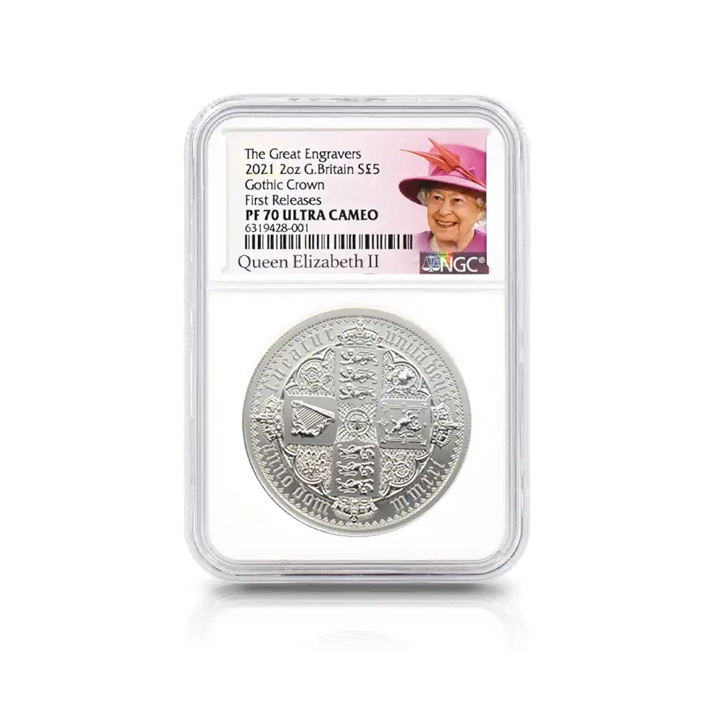 モダンコイン8：5927 2021 エリザベス2世 ゴチッククラウン 5ポンド2オンス銀貨 2枚セット ファーストリリース NGC PF70UC 箱付き