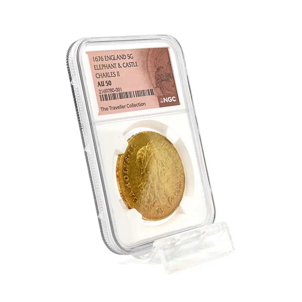 アンティークコイン6：5955 1676 チャールズ2世 5ギニー金貨 エレファント＆キャッスル刻印 NGC AU50