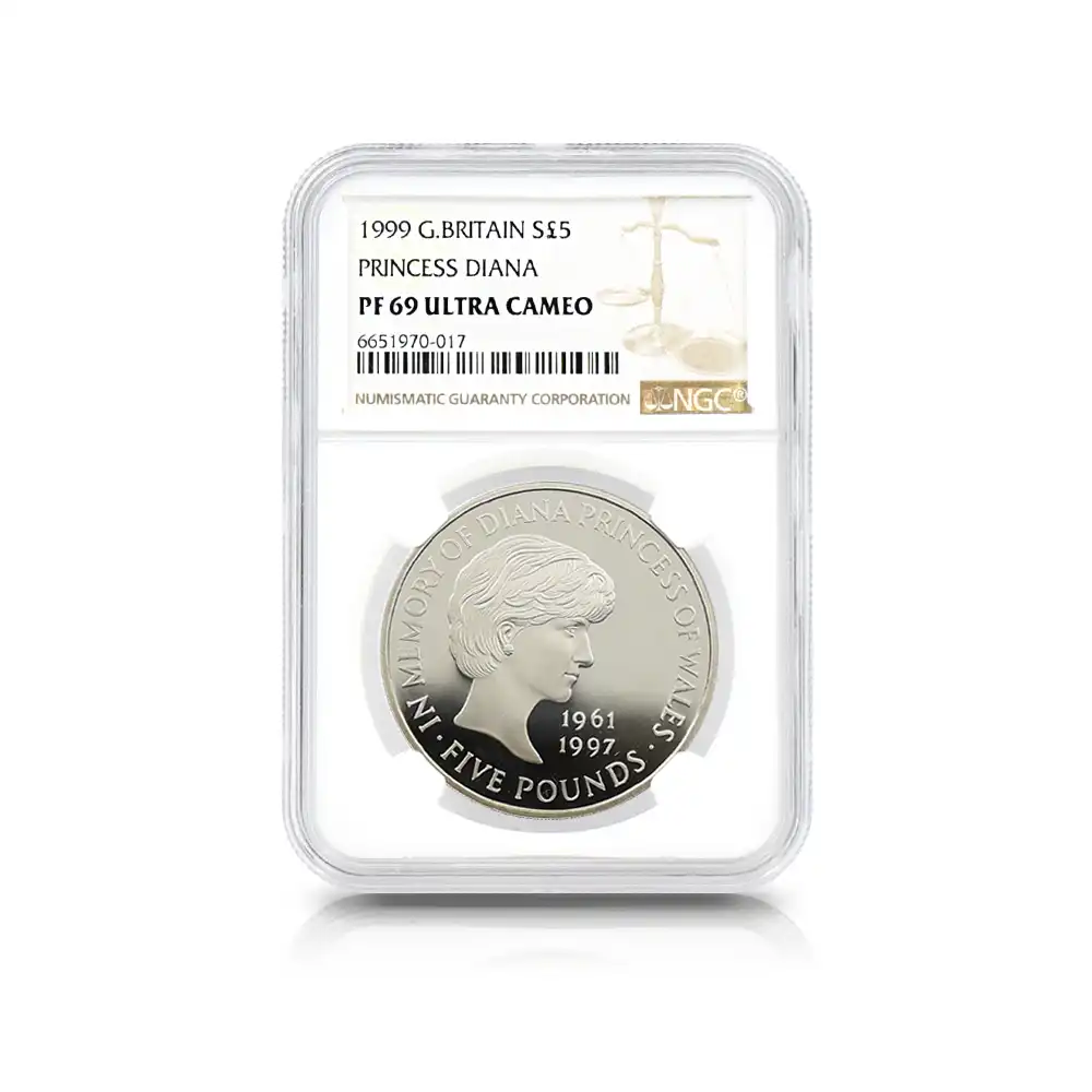 モダンコイン4：5962 1999 エリザベス2世 ダイアナ妃追悼記念 5ポンド銀貨 NGC PF69UC 箱付き