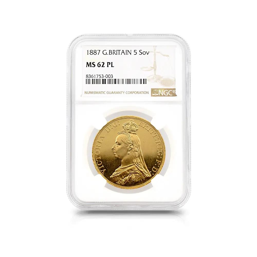 アンティークコイン4：5971 1887 ヴィクトリア女王 ジュビリーヘッド 聖ジョージ竜退治 5ソブリン金貨 NGC MS62PL