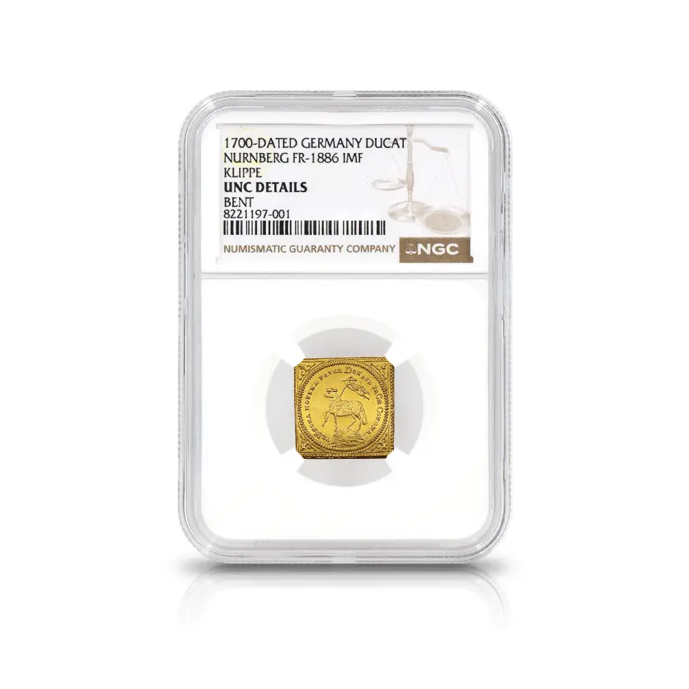 アンティークコイン4：5977 ドイツ ニュルンベルク 1700 神の子羊 ダカット クリッペ(四角)金貨 NGC UNC DETAILS FR-1886