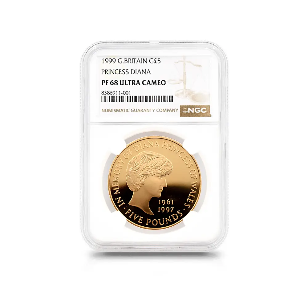 モダンコイン4：5989 1999 エリザベス2世 ダイアナ妃追悼記念 5ポンド金貨 NGC PF68UC 箱付き
