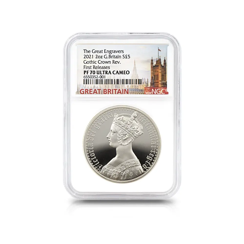 モダンコイン6：5990 2021 エリザベス2世 ゴチッククラウン 5ポンド2オンス銀貨 2枚セット ファーストリリース・発行即日鑑定品 NGC PF70UC 箱付き