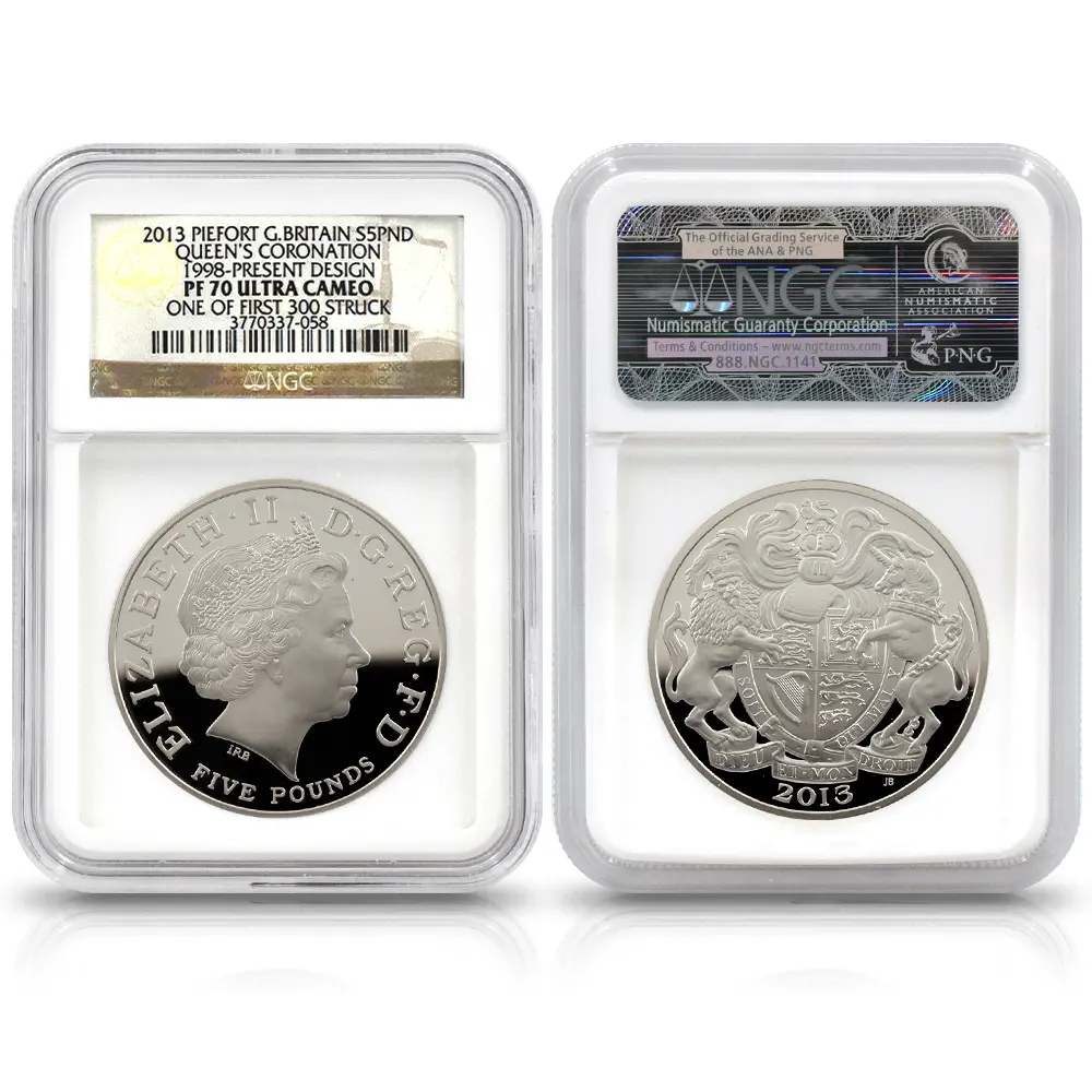 モダンコイン2：5998 2013 エリザベス2世 戴冠60周年記念 5ポンドピエフォー銀貨 4枚セット ファースト300ストラック NGC PF70UC 付属品付き