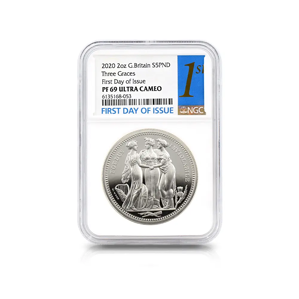 モダンコイン4：6006 2020 エリザベス2世 スリーグレーセス 5ポンド 2オンス銀貨 発行即日鑑定品 NGC PF69UC 箱付き