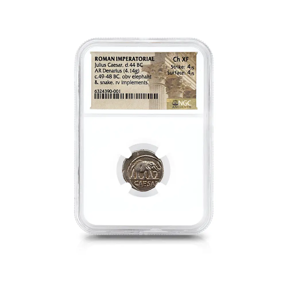 古代コイン4：6020 古代ローマ帝国 紀元前49-48 カエサル 蛇を踏む象 デナリウス銀貨 NGC Ch XF Strike: 4/5 Surface: 4/5