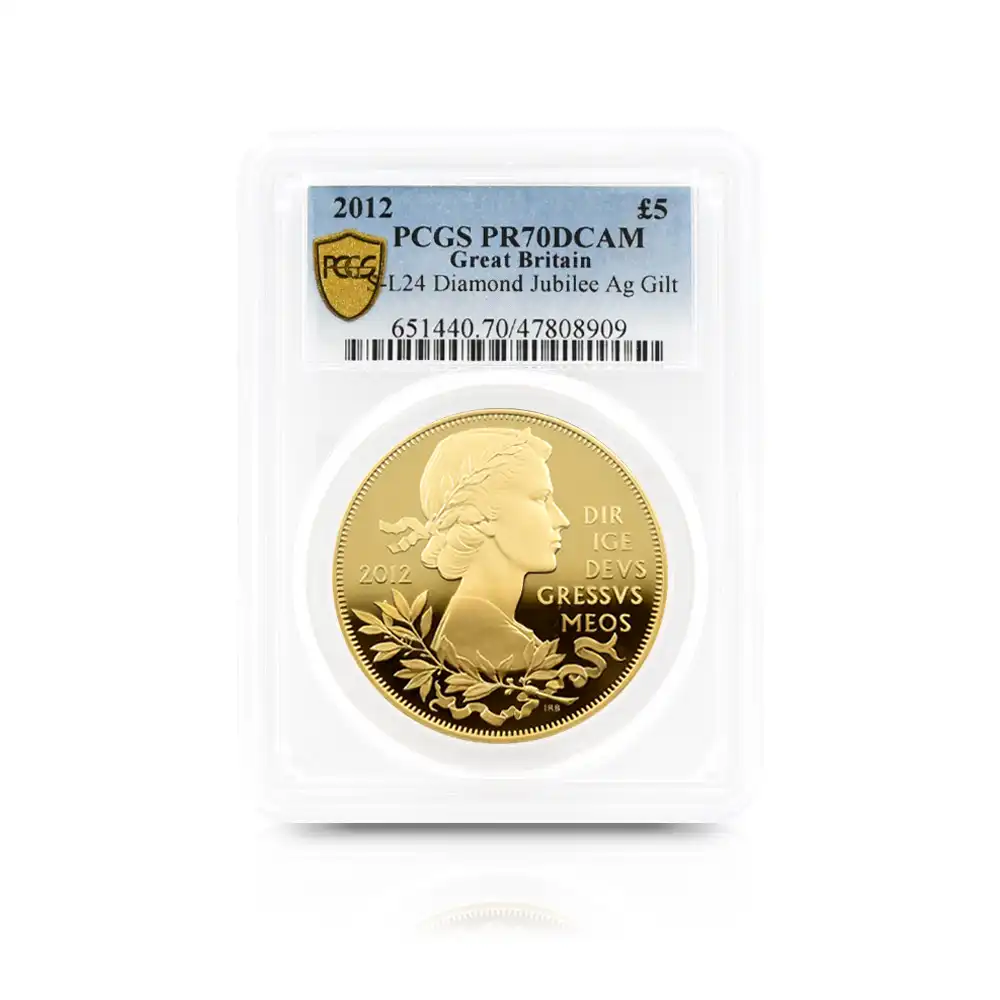 モダンコイン4：3367 2012 エリザベス2世 即位60周年記念 ダイアモンドジュビリー 5ポンド銀貨（金メッキ加工） PCGS PR70DC S-L24