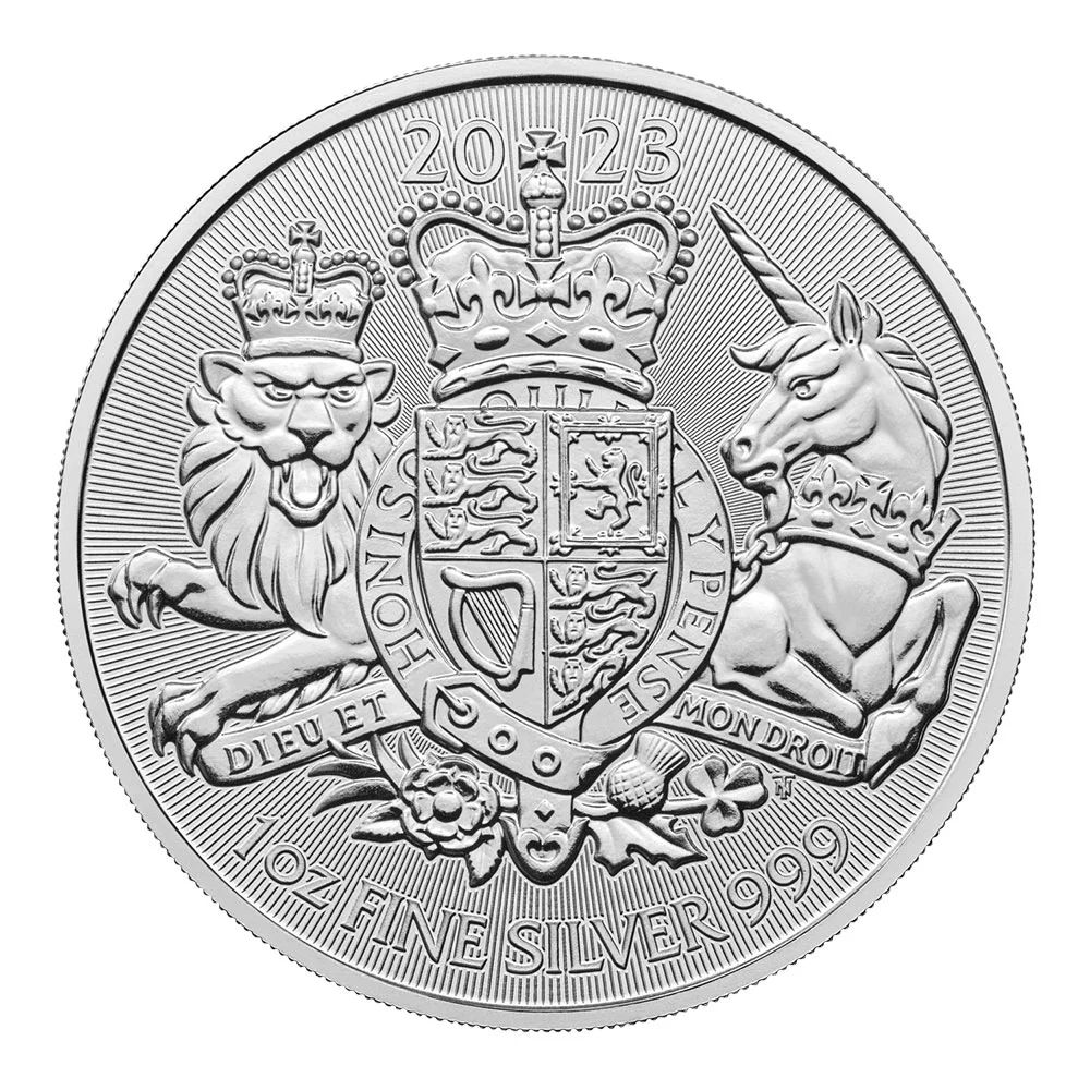 地金型2：3407 イギリス 2023 ロイヤルアームズ 2ポンド 1オンス 地金型銀貨 【1枚】 (コインケース付き)