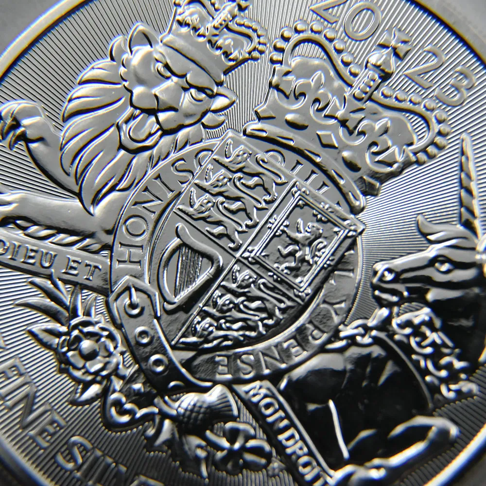 地金型8：3408 イギリス 2023 ロイヤルアームズ 2ポンド 1オンス 地金型銀貨 【5枚】 (コインケース付き)