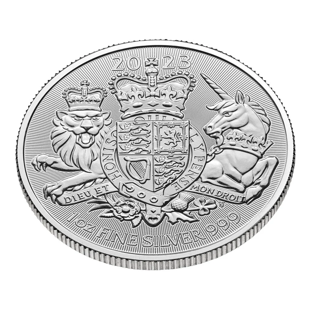 地金型4：3413 イギリス 2023 ロイヤルアームズ 2ポンド 1オンス 地金型銀貨 【500枚】 (モンスターボックス付き)