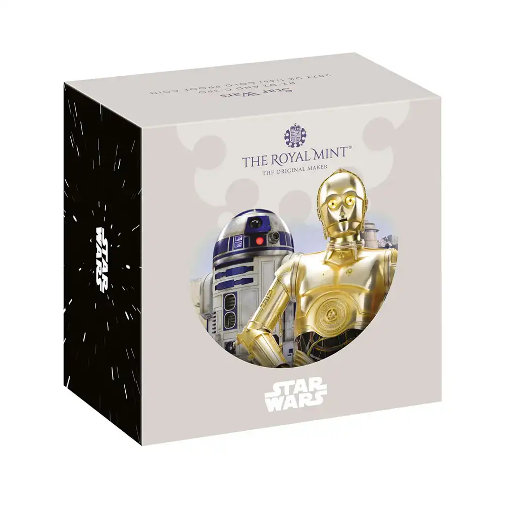 モダンコイン4：3422 2023 チャールズ3世 スター・ウォーズコレクション第1弾 R2-D2＆C-3PO 25ポンド1/4オンスプルーフ金貨 未鑑定 箱付き【ご予約承り品】