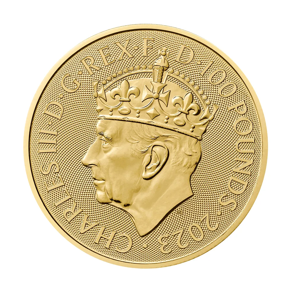 地金型3：3446 イギリス 2023 チャールズ3世 戴冠記念 100ポンド 1オンス 地金型金貨 【1枚】 (コインケース付き)