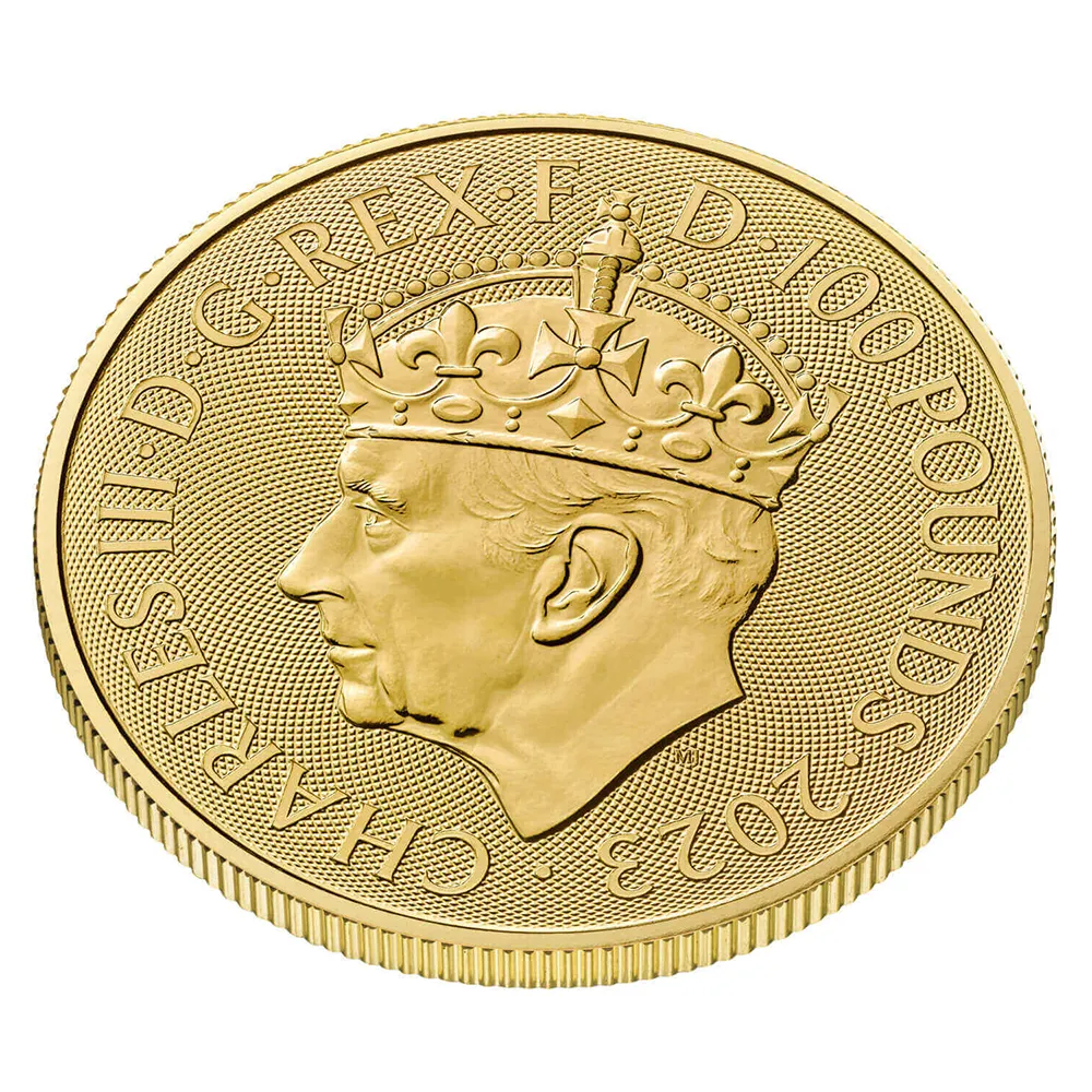 地金型5：3446 イギリス 2023 チャールズ3世 戴冠記念 100ポンド 1オンス 地金型金貨 【1枚】 (コインケース付き)