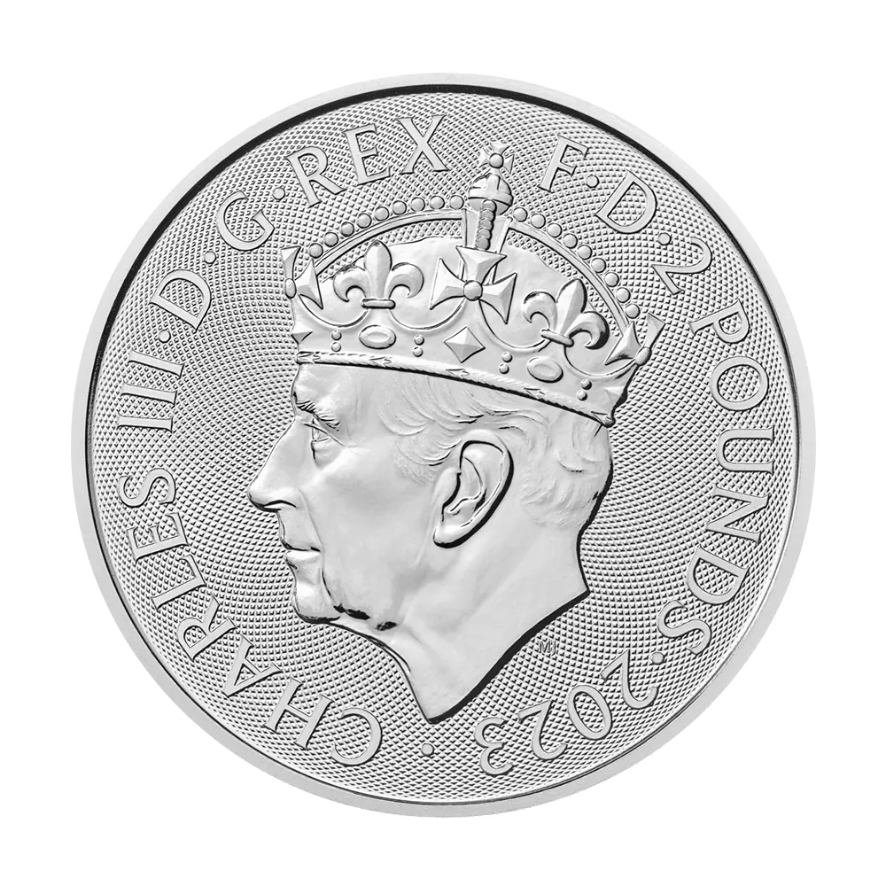 地金型3：3448 イギリス 2023 チャールズ3世 戴冠記念 ブリタニア 2ポンド 1オンス 地金型銀貨 【1枚】 (コインケース付き)
