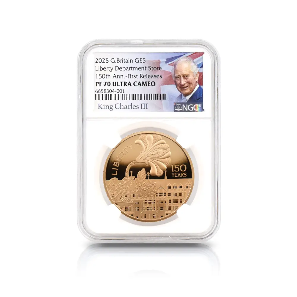 モダンコイン4：6064 2025 チャールズ3世 リバティ開業150周年記念 5ポンド金貨 ファーストリリース NGC PF70UC 箱付き
