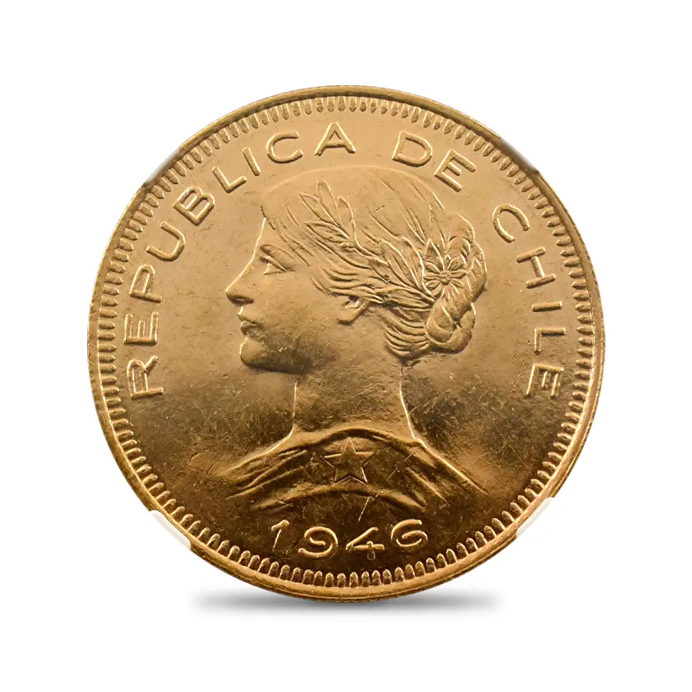 モダンコイン2：6068 チリ 1946SO 女神 100ペソ金貨 NGC MS62