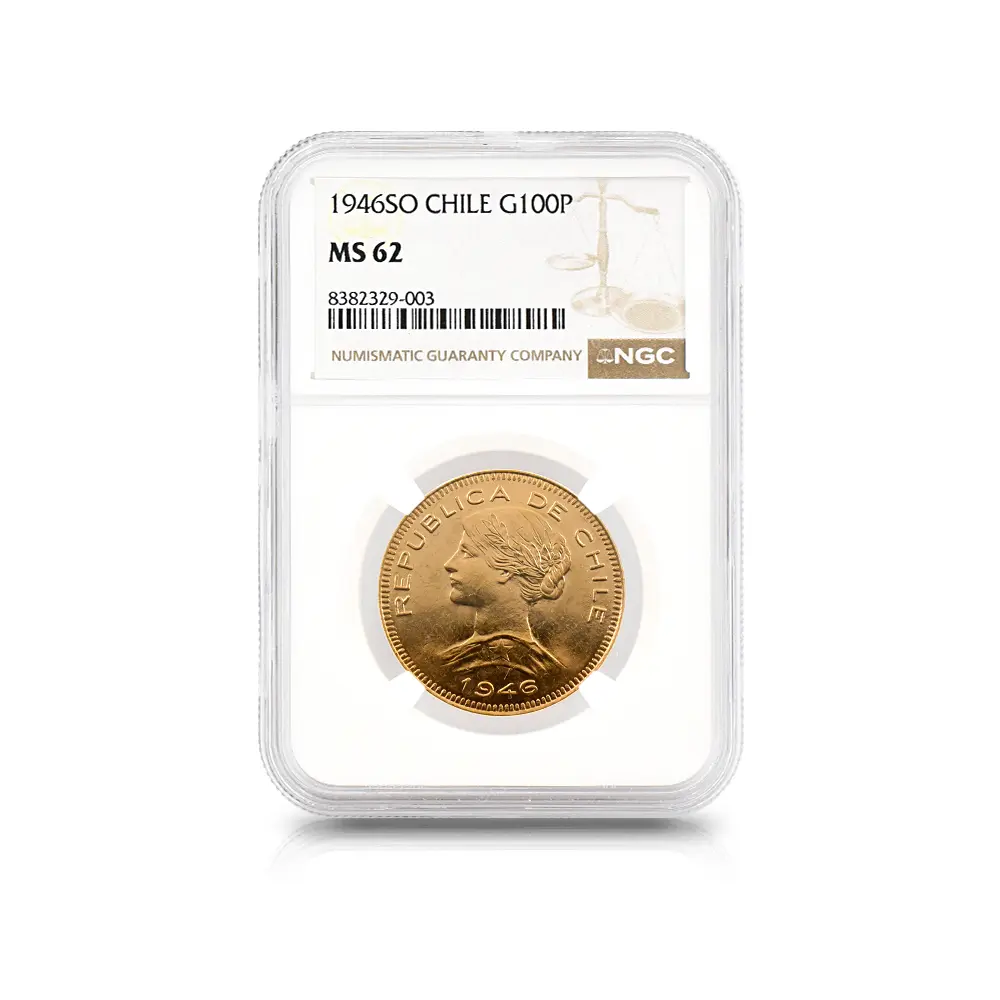 モダンコイン4：6068 チリ 1946SO 女神 100ペソ金貨 NGC MS62