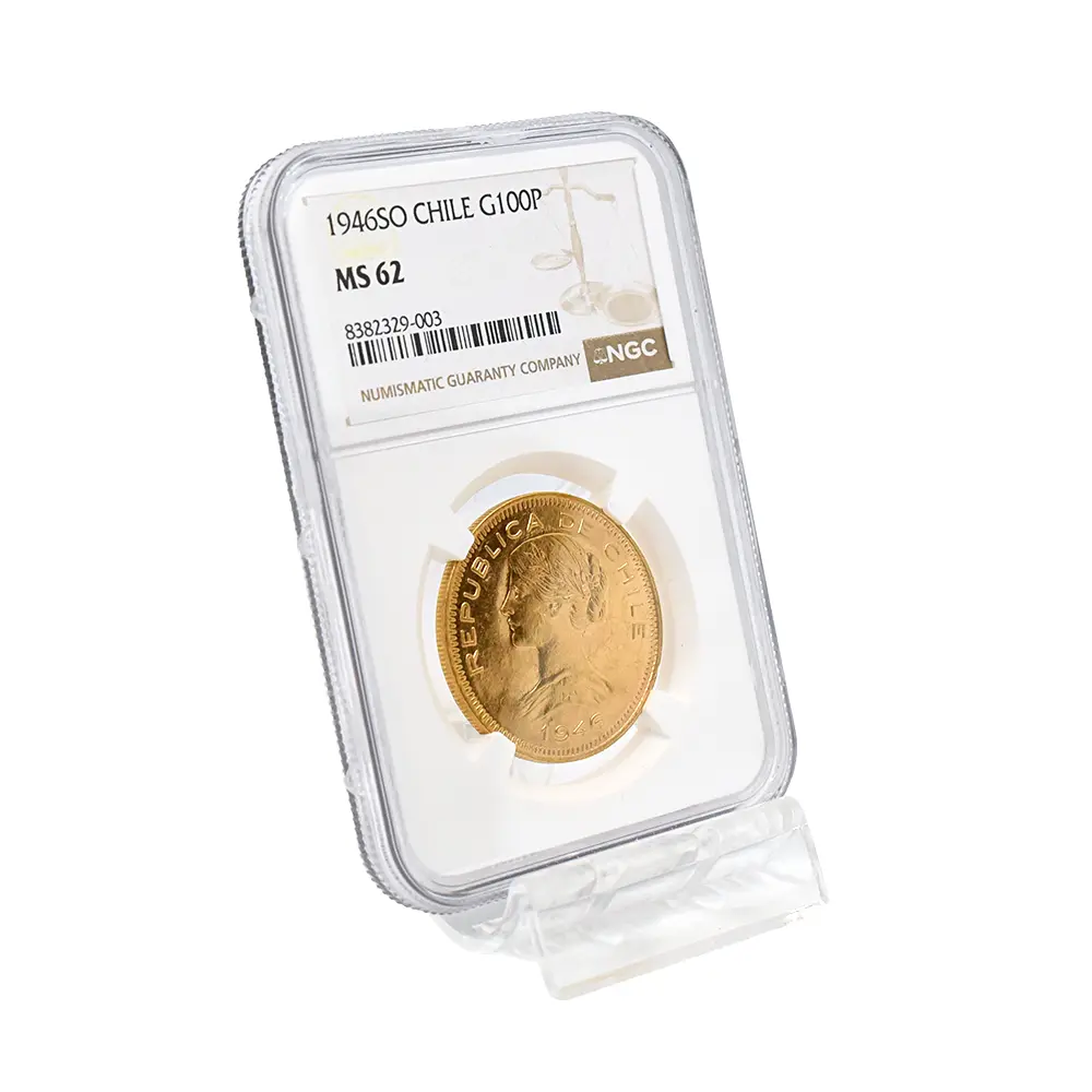モダンコイン6：6068 チリ 1946SO 女神 100ペソ金貨 NGC MS62