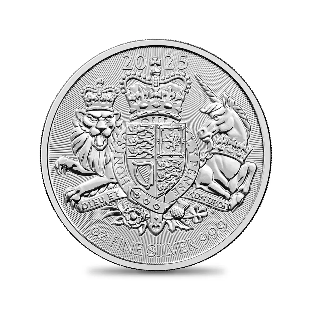 地金型2：6078 イギリス 2025 ロイヤルアームズ 王室紋章 2ポンド 1オンス 銀貨 【500枚】(モンスターボックス付き)