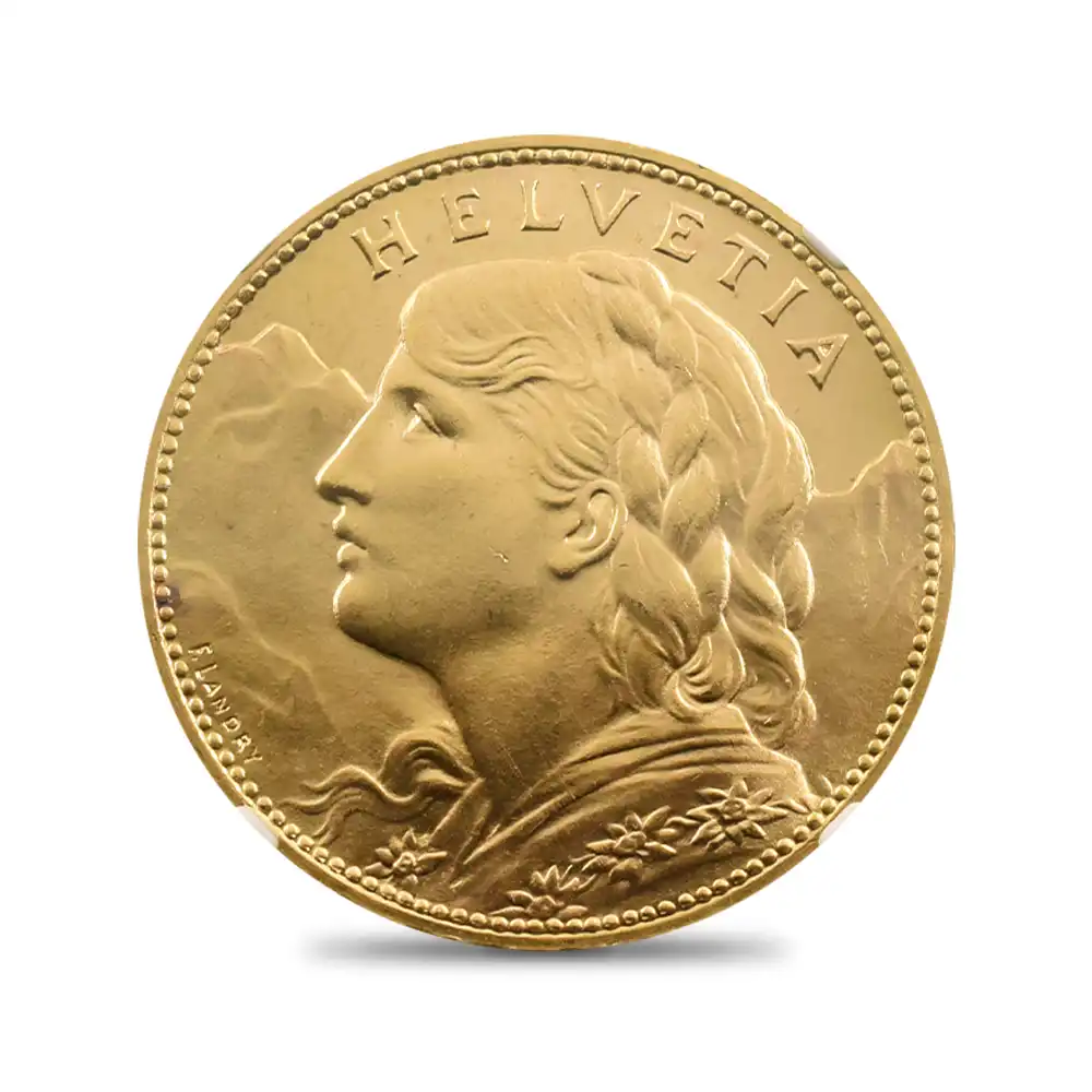 モダンコイン2：6079 スイス 1925B アルプスと少女 ブレネリ 100フラン金貨 NGC MS65