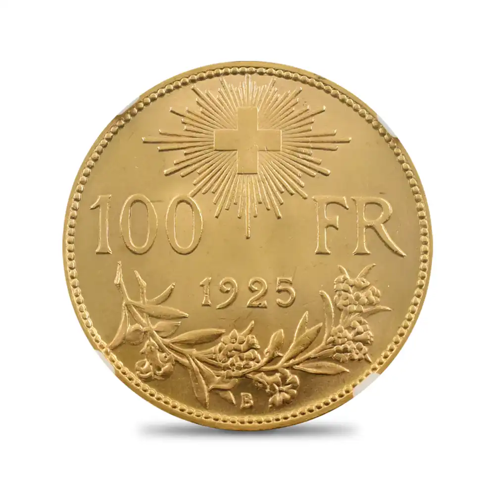 モダンコイン3：6079 スイス 1925B アルプスと少女 ブレネリ 100フラン金貨 NGC MS65