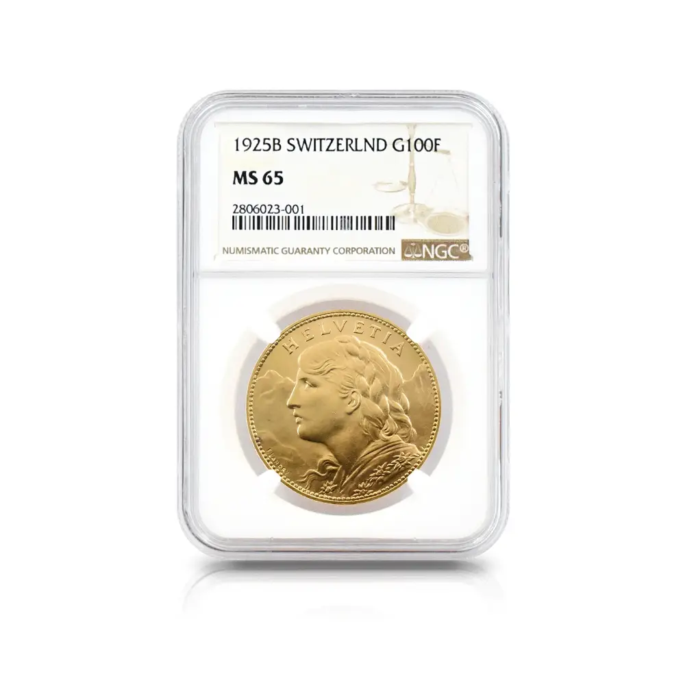 モダンコイン4：6079 スイス 1925B アルプスと少女 ブレネリ 100フラン金貨 NGC MS65