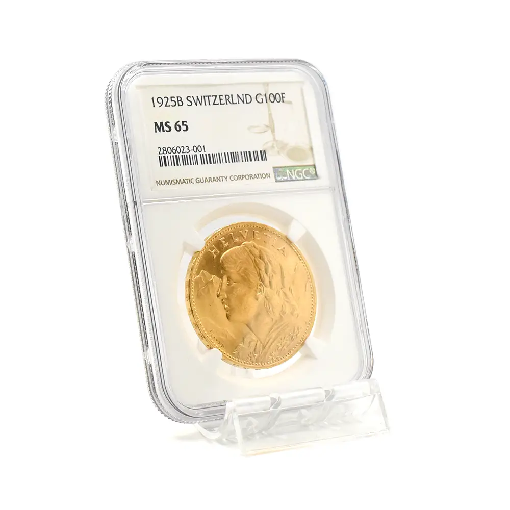 モダンコイン6：6079 スイス 1925B アルプスと少女 ブレネリ 100フラン金貨 NGC MS65