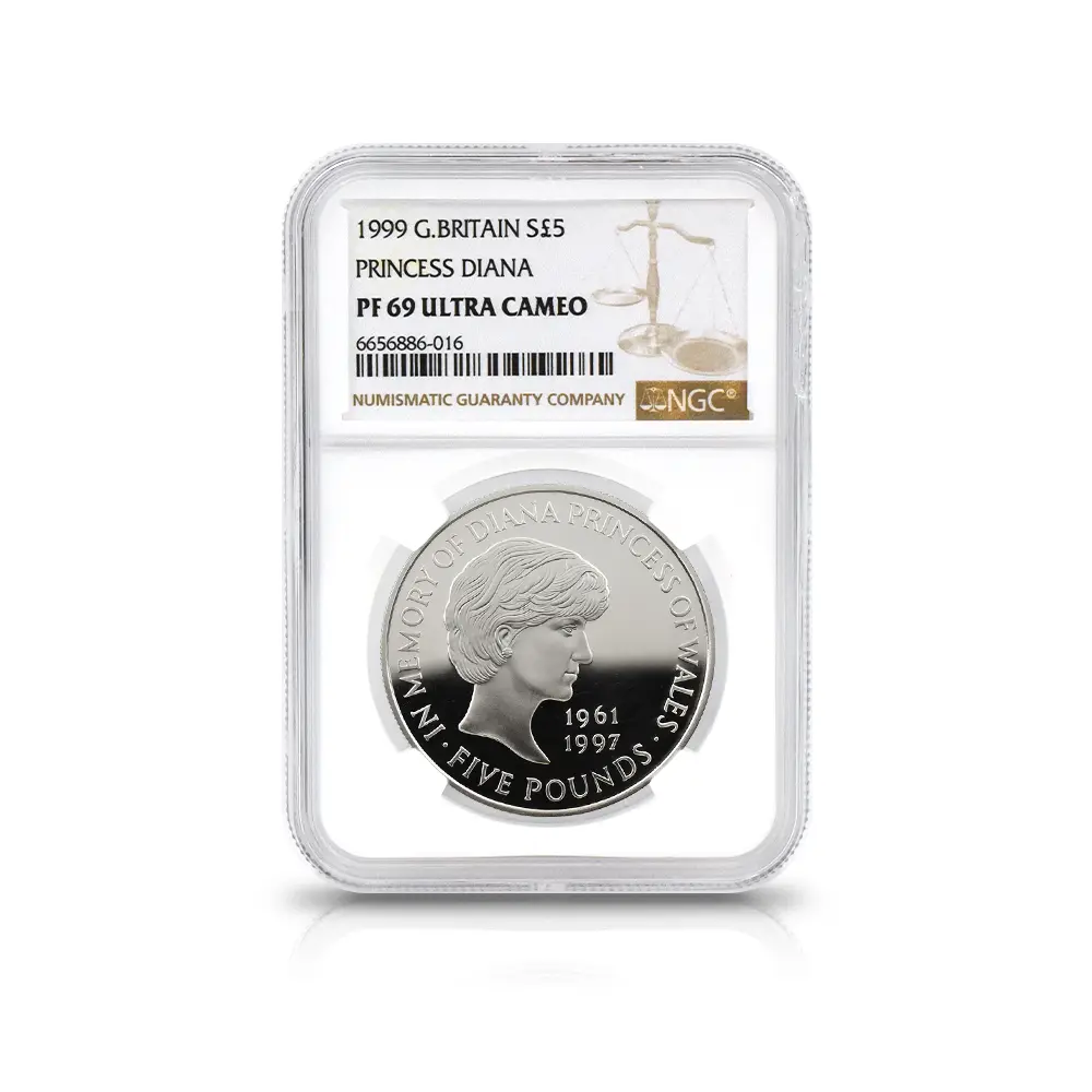 モダンコイン4：6084 1999 エリザベス2世 ダイアナ妃追悼記念 5ポンド銀貨 NGC PF69UC 箱付き【スラブケース破損】
