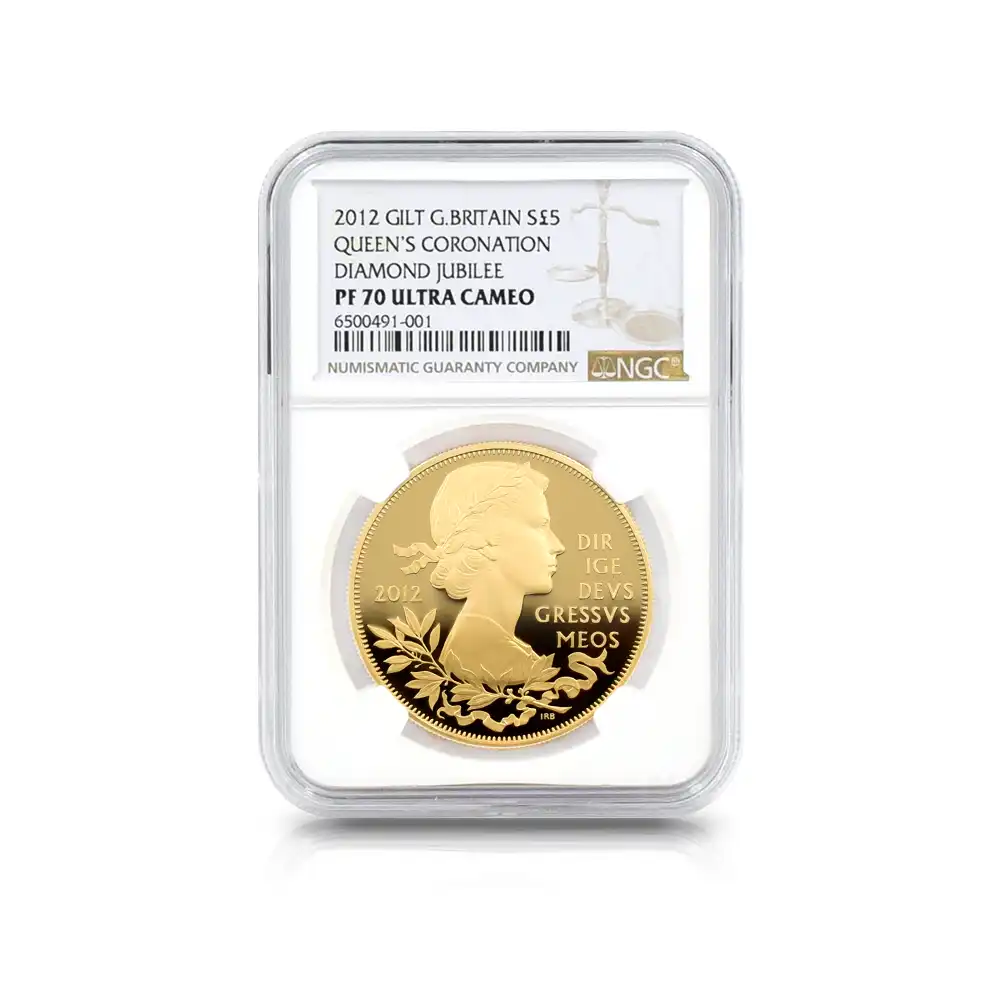 モダンコイン4：3467 2012 エリザベス2世 即位60周年記念 ダイアモンドジュビリー 5ポンド銀貨（金メッキ加工）NGC PF70UC 箱付き