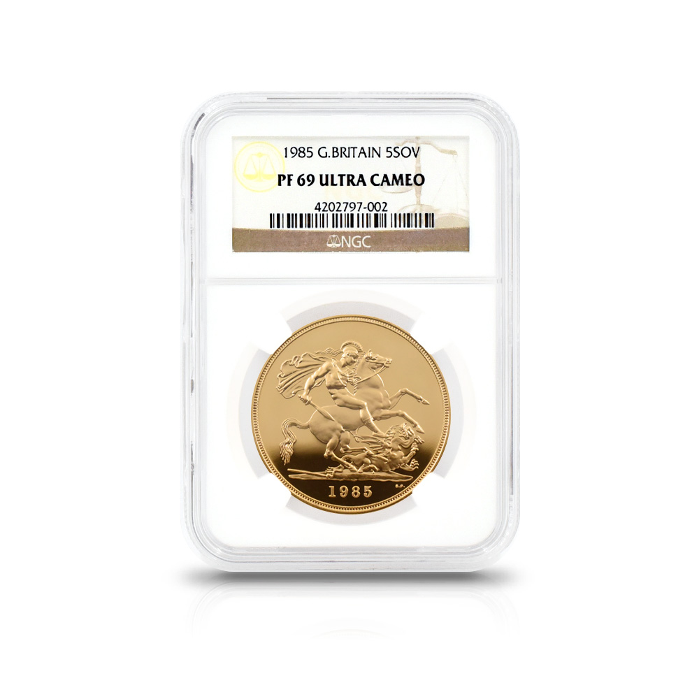 モダンコイン4：6100 1985 エリザベス2世 ミドルエリザベス 聖ジョージ竜退治 5ソブリン金貨 NGC PF69UC