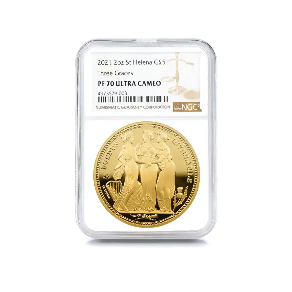 モダンコイン4：6101 セントヘレナ 2021 エリザベス2世 スリーグレーセス 5ポンド2オンス金貨 NGC PF70UC