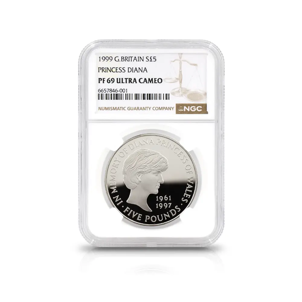 モダンコイン4：6103 1999 エリザベス2世 ダイアナ妃追悼記念 5ポンド銀貨 NGC PF69UC 箱付き