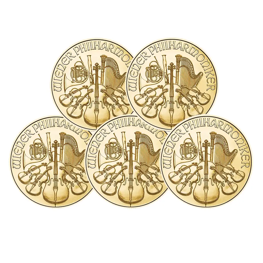 地金型2：6112 オーストリア 2025 ウィーンフィル 100ユーロ 1オンス 金貨 【5枚】  (コインケース付き)