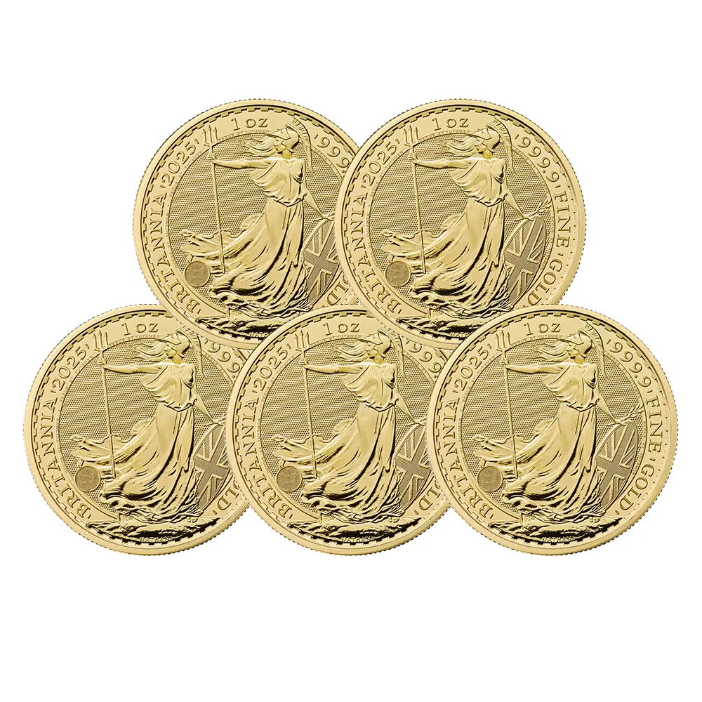 地金型2：6124 イギリス 2025 チャールズ3世 ブリタニア 100ポンド 1オンス 金貨 【5枚】 (コインケース付き)