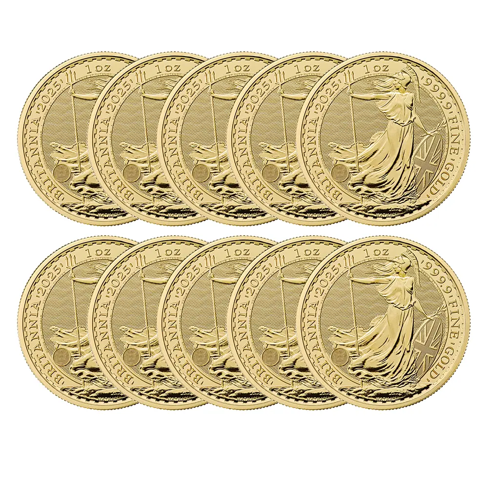 地金型2：6125 イギリス 2025 チャールズ3世 ブリタニア 100ポンド 1オンス 金貨 【10枚】 (コインケース付き)