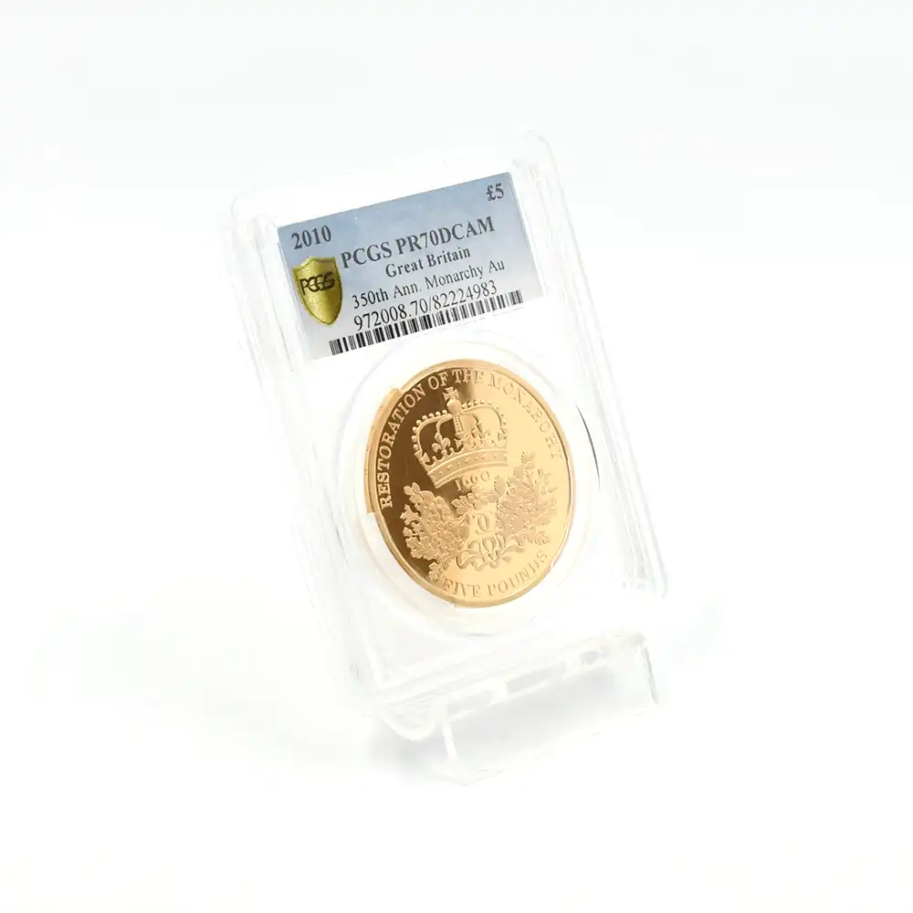 モダンコイン6：3550 2010 エリザベス2世 王政復古350周年記念 5ポンド金貨 PCGS PR70DC