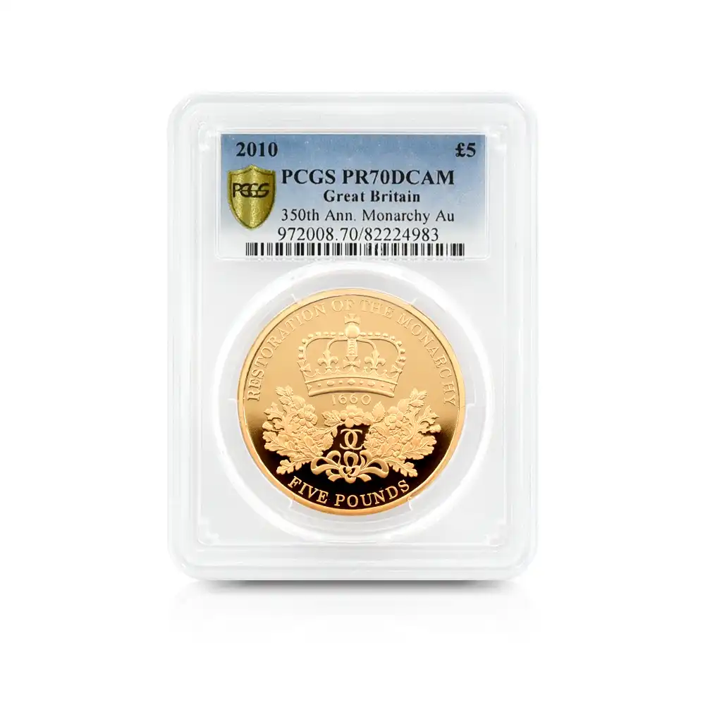 モダンコイン4：3550 2010 エリザベス2世 王政復古350周年記念 5ポンド金貨 PCGS PR70DC