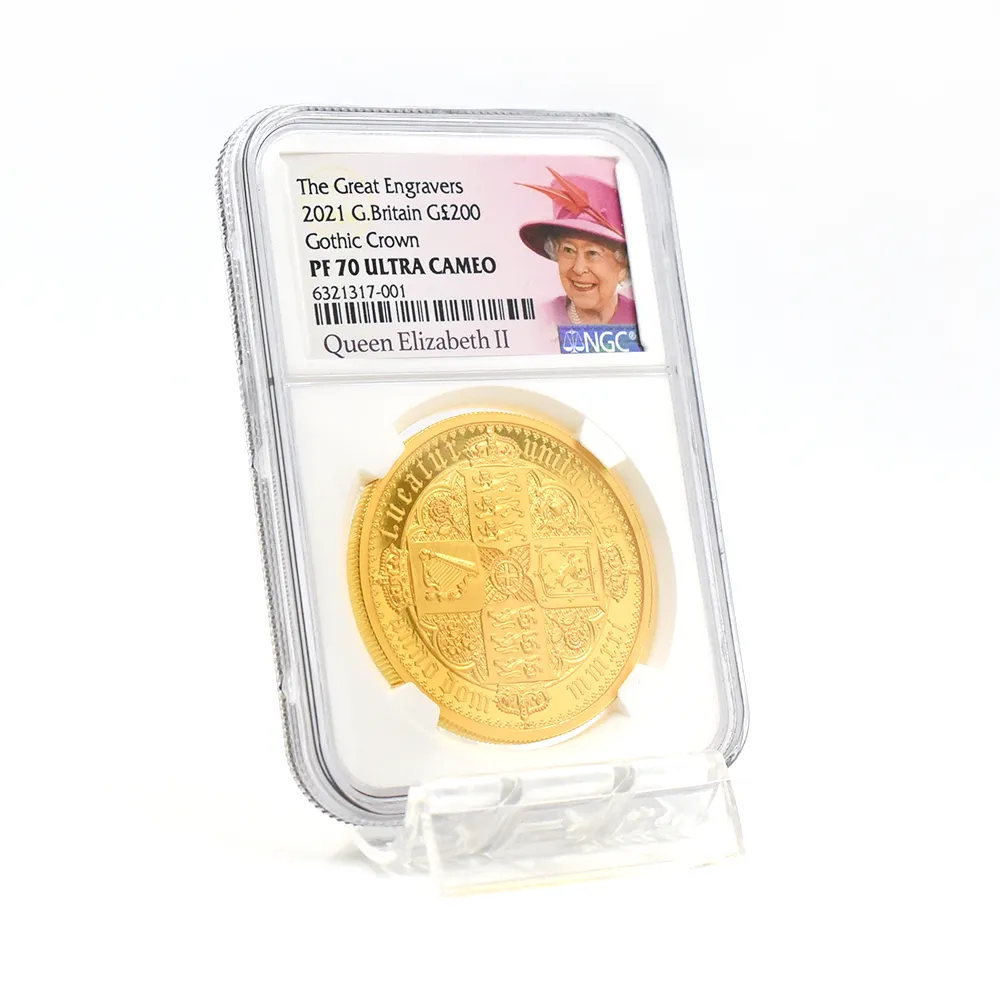 モダンコイン6：6140 2021 エリザベス2世 ゴチッククラウン・リバースシールド 200ポンド 2オンス金貨 NGC PF70UC 箱付き