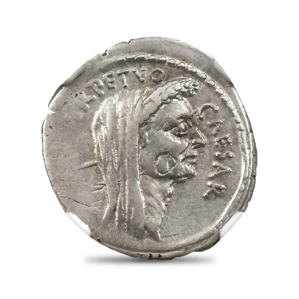 古代コイン2：6138 古代ローマ帝国 紀元前44年 カエサル デナリウス銀貨 NGC Ch VF Strike: 4/5 Surface: 2/5