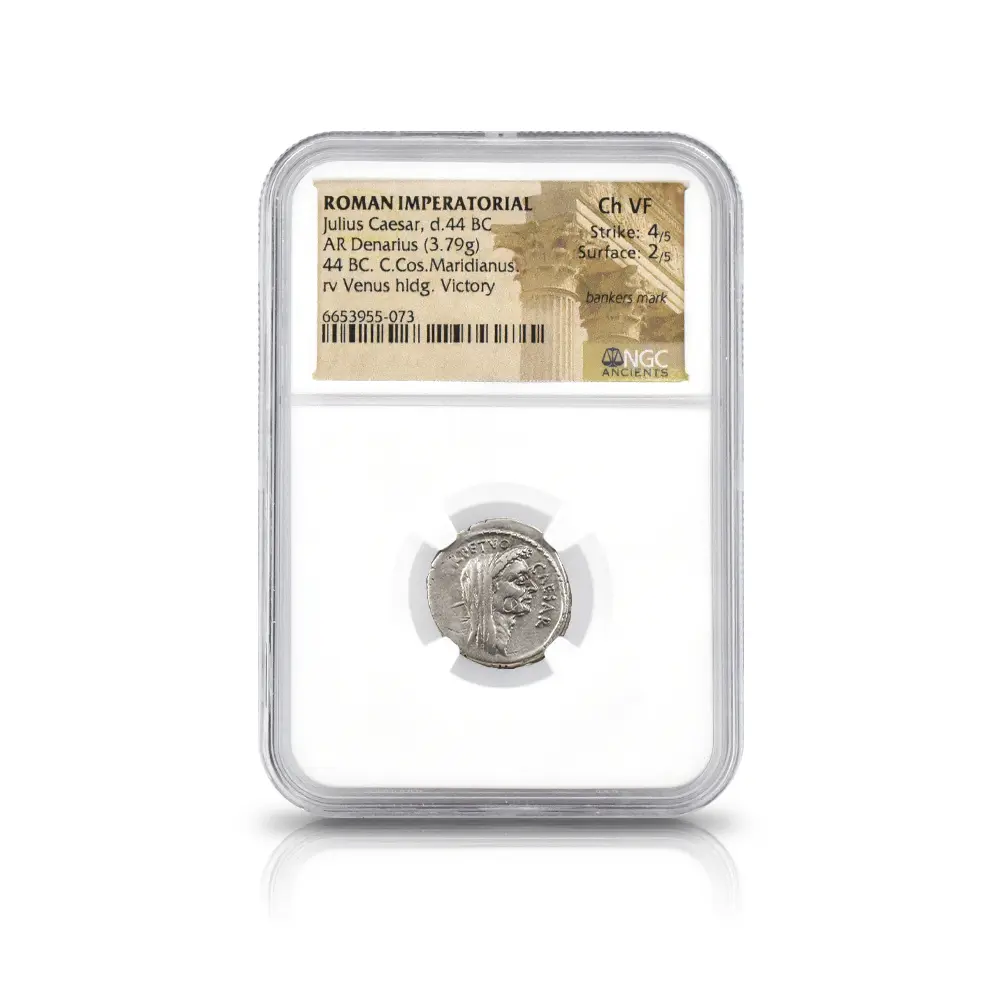 古代コイン4：6138 古代ローマ帝国 紀元前44年 カエサル デナリウス銀貨 NGC Ch VF Strike: 4/5 Surface: 2/5