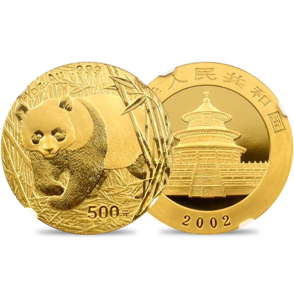 地金型1：3565 中国 2002 パンダ 500元1オンス金貨 NGC MS69