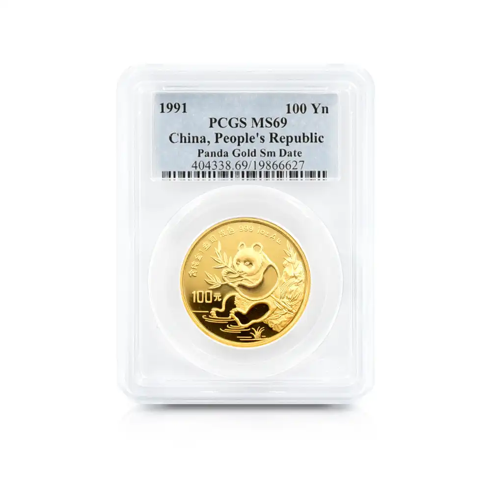 地金型4：3575 中国 1991 パンダ 100元1オンス金貨 PCGS MS69