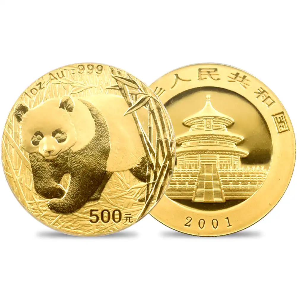 地金型1：3571 中国 2001 パンダ 500元1オンス金貨 PCGS MS69