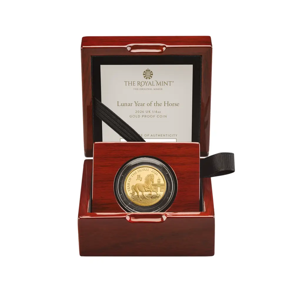 モダンコイン4:6187 2026 チャールズ3世 干支午年 馬年 25ポンド1/4オンスプルーフ金貨 未鑑定 箱付き【ご予約承り品】